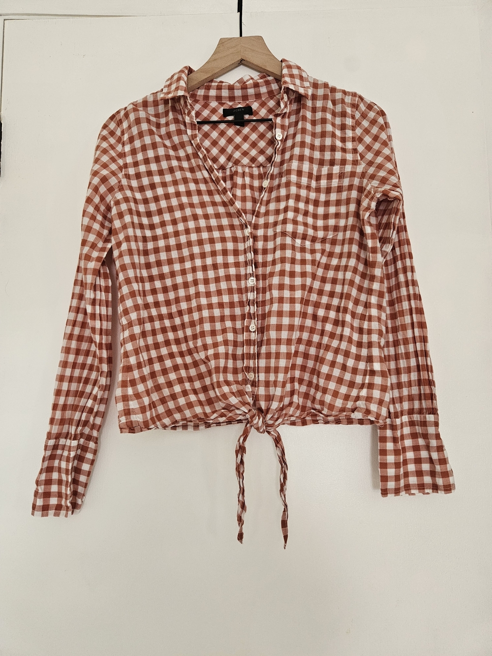 J. Crew Rust and White Gingham Tie-Front Button-Down Shirt